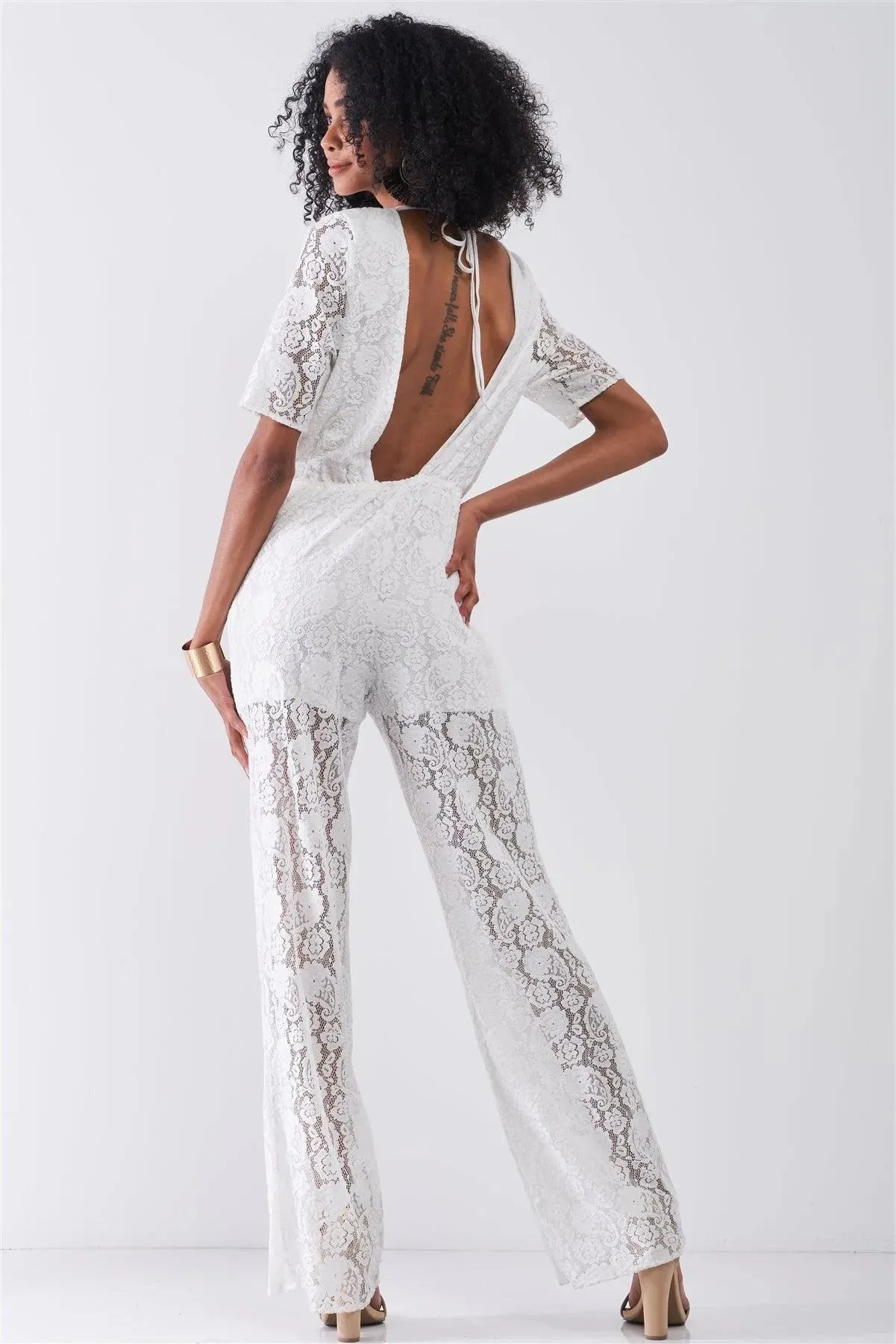 Delicate White Sheer Lace Crochet Semi-Sheer Self-Tie Neck Open Back Detail Wide Leg Jumpsuit /1-2-2-1