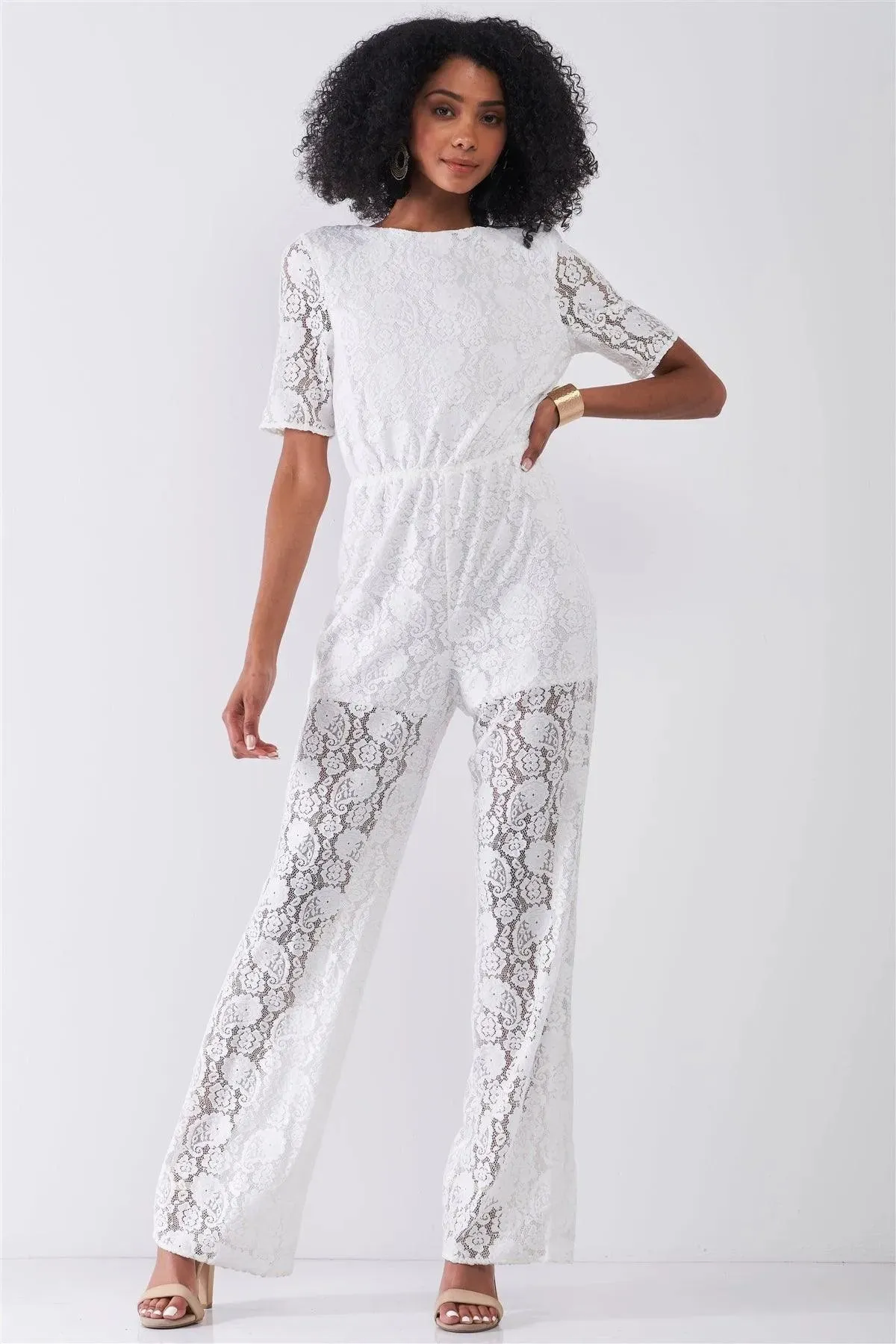 Delicate White Sheer Lace Crochet Semi-Sheer Self-Tie Neck Open Back Detail Wide Leg Jumpsuit /1-2-2-1