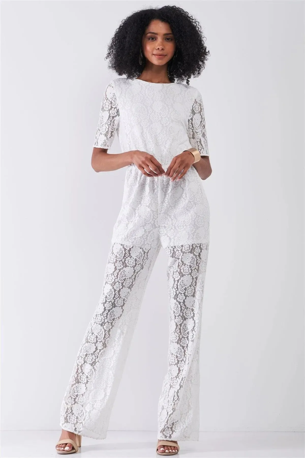 Delicate White Sheer Lace Crochet Semi-Sheer Self-Tie Neck Open Back Detail Wide Leg Jumpsuit /1-2-2-1