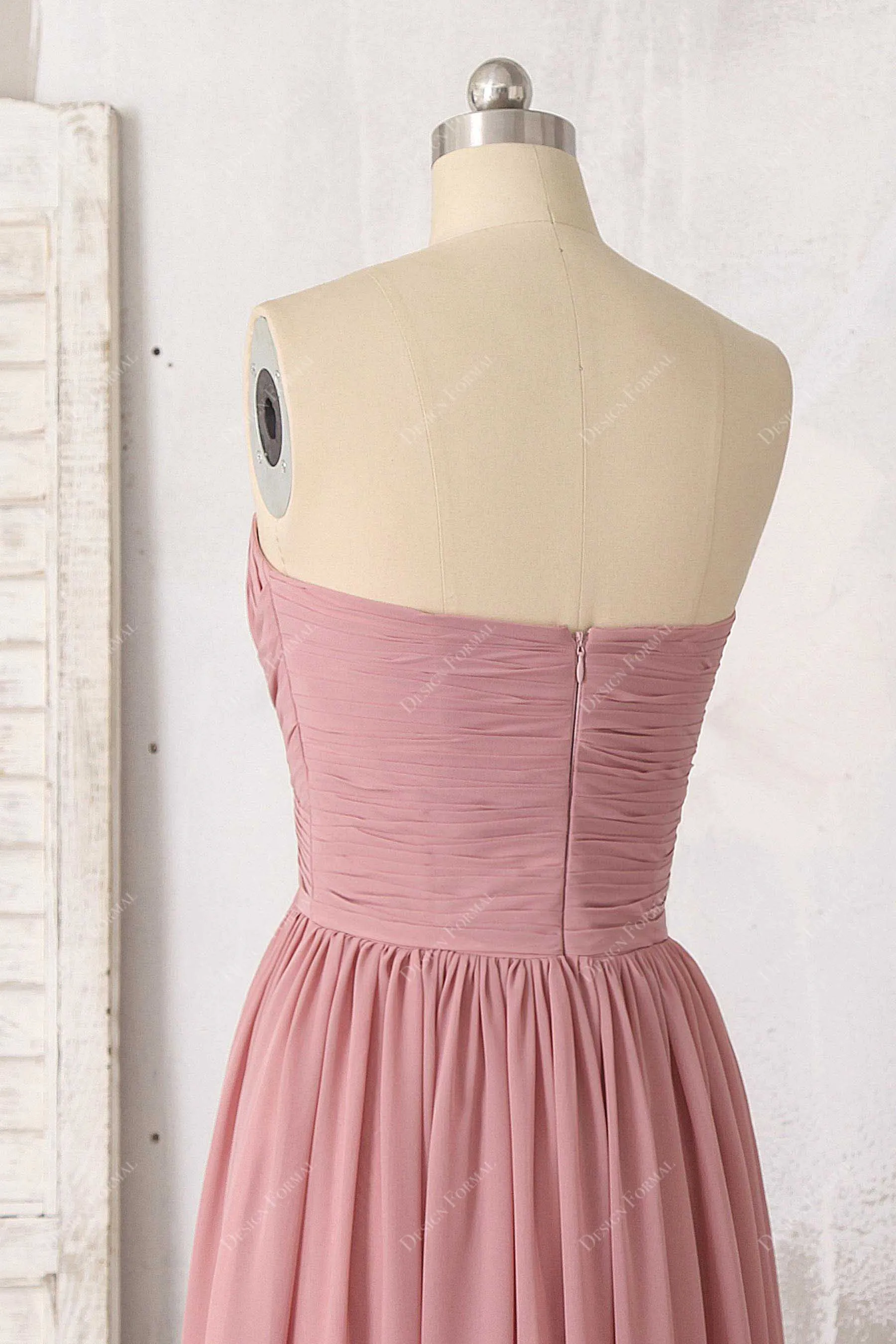 Dusty Pink Chiffon Ruched Strapless Floor Length A-line Dress