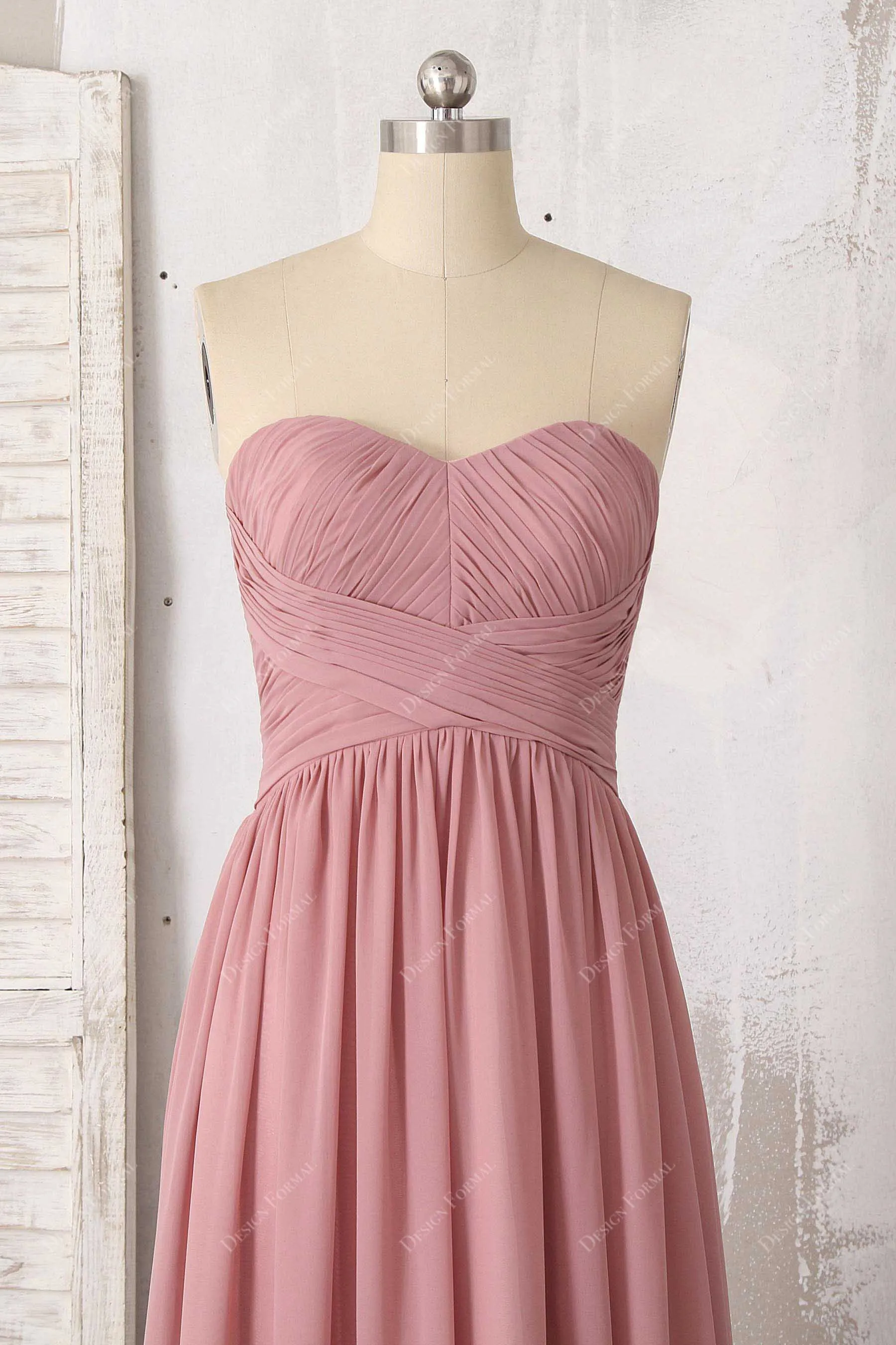 Dusty Pink Chiffon Ruched Strapless Floor Length A-line Dress