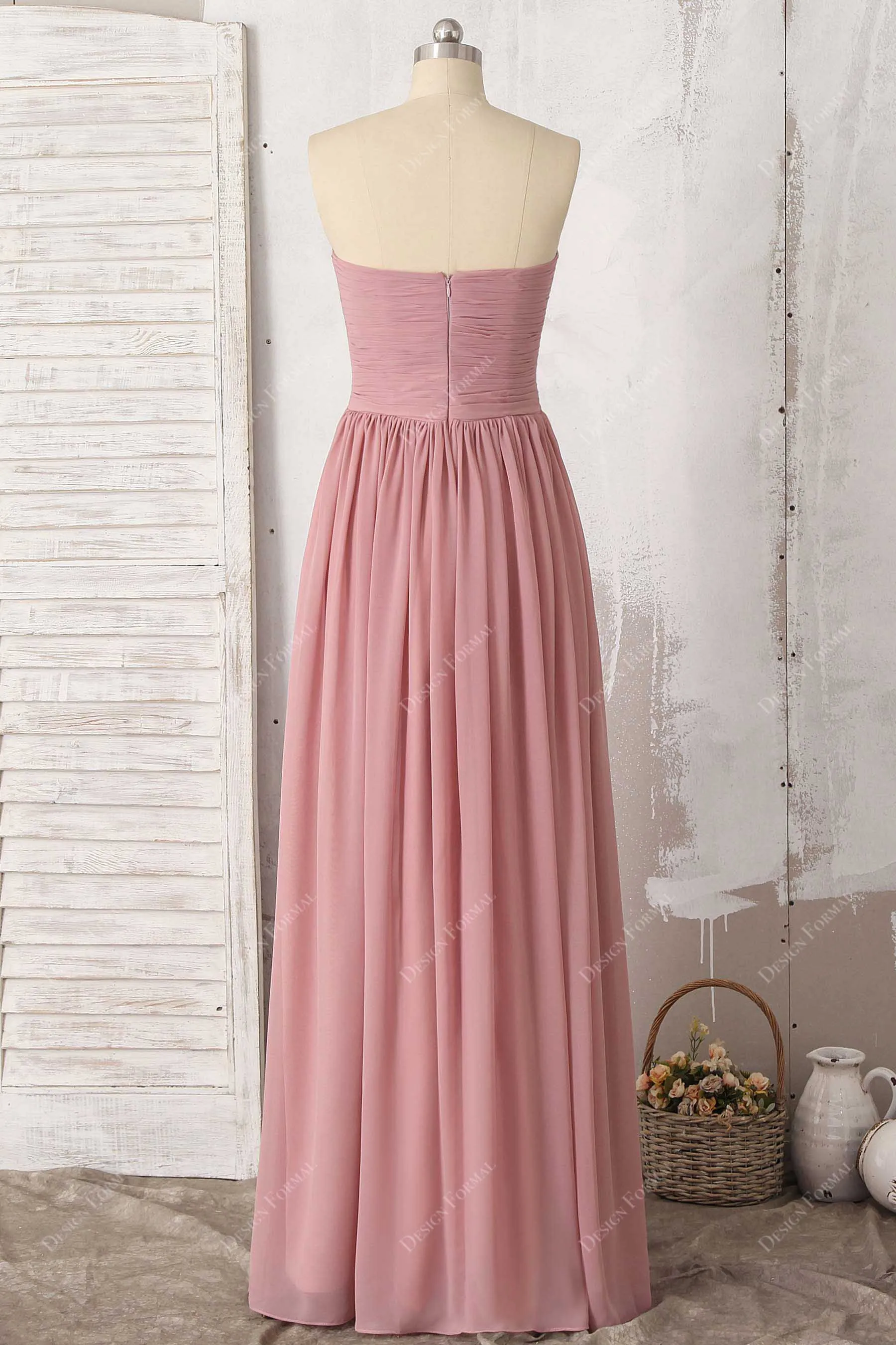 Dusty Pink Chiffon Ruched Strapless Floor Length A-line Dress