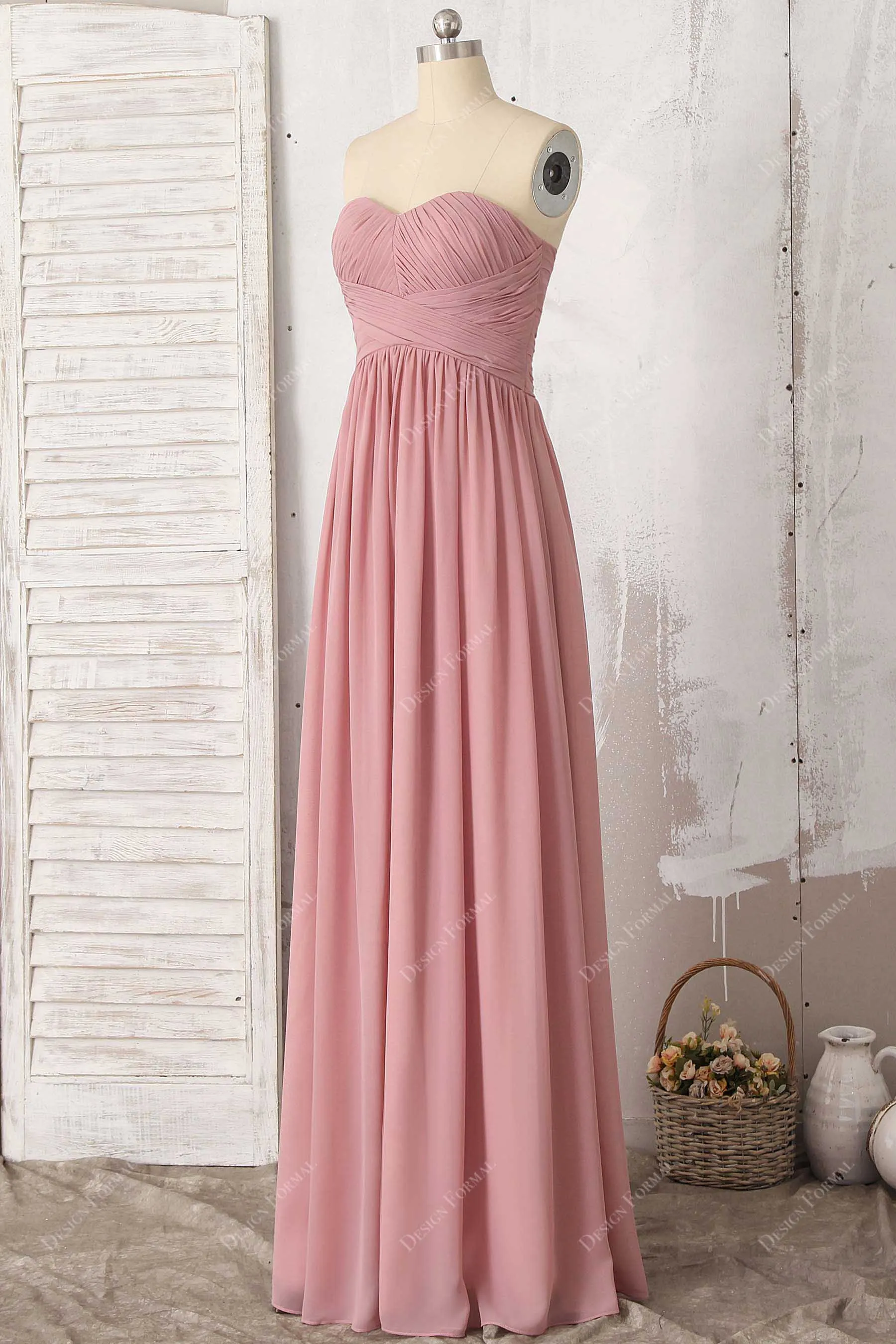 Dusty Pink Chiffon Ruched Strapless Floor Length A-line Dress