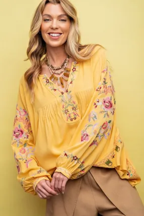 Easel Embroidered Boho Blouse - Straw Yellow