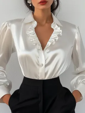 Elegant White Satin Blouse with Ruffled V-Neckline