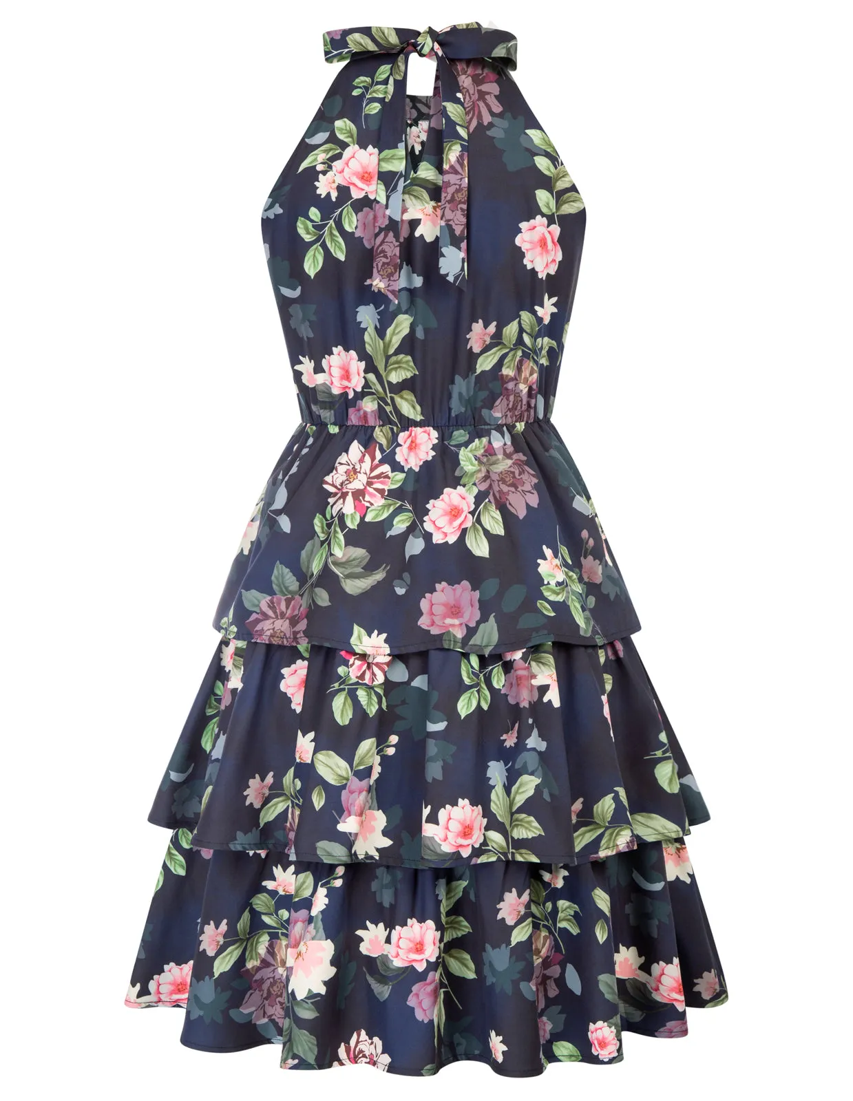 Floral Printed Elastic Waist Cake Dress Sleeveless Halterneck 3-Layer A-Line Dress