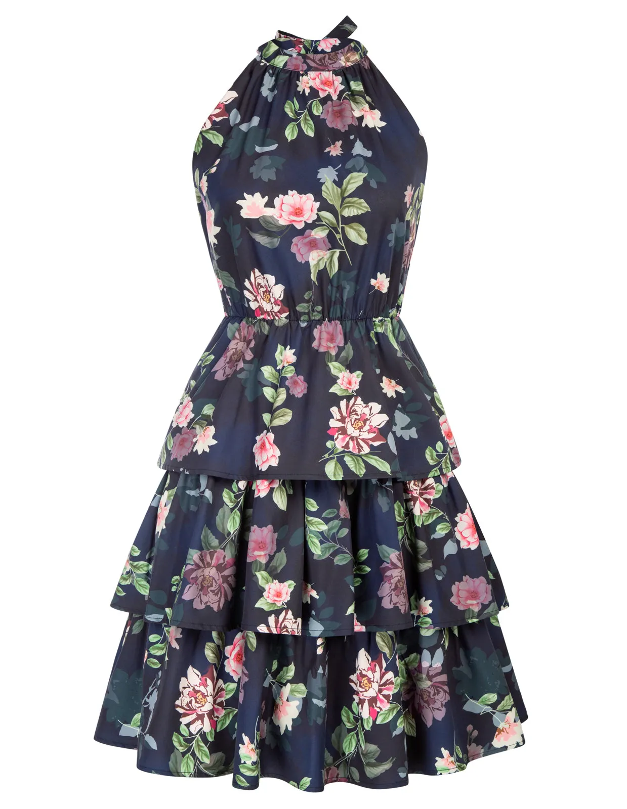 Floral Printed Elastic Waist Cake Dress Sleeveless Halterneck 3-Layer A-Line Dress