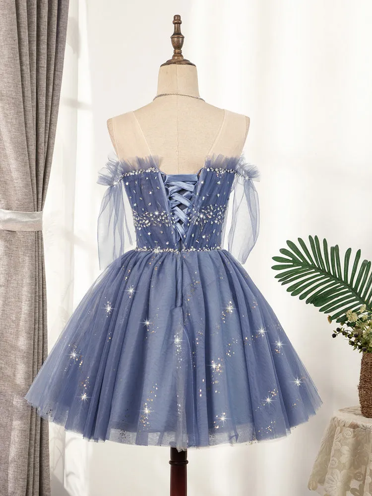 Flowy Cute A-line Blue Homecoming Dresses Short Beading Prom Dress OM918