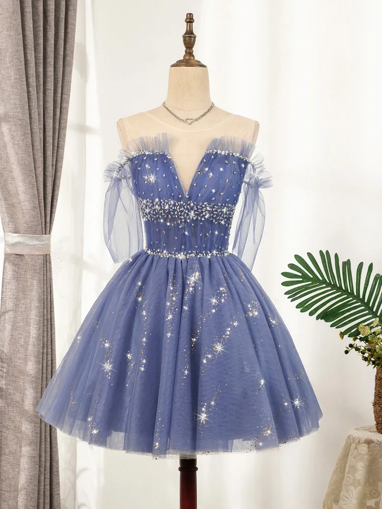 Flowy Cute A-line Blue Homecoming Dresses Short Beading Prom Dress OM918