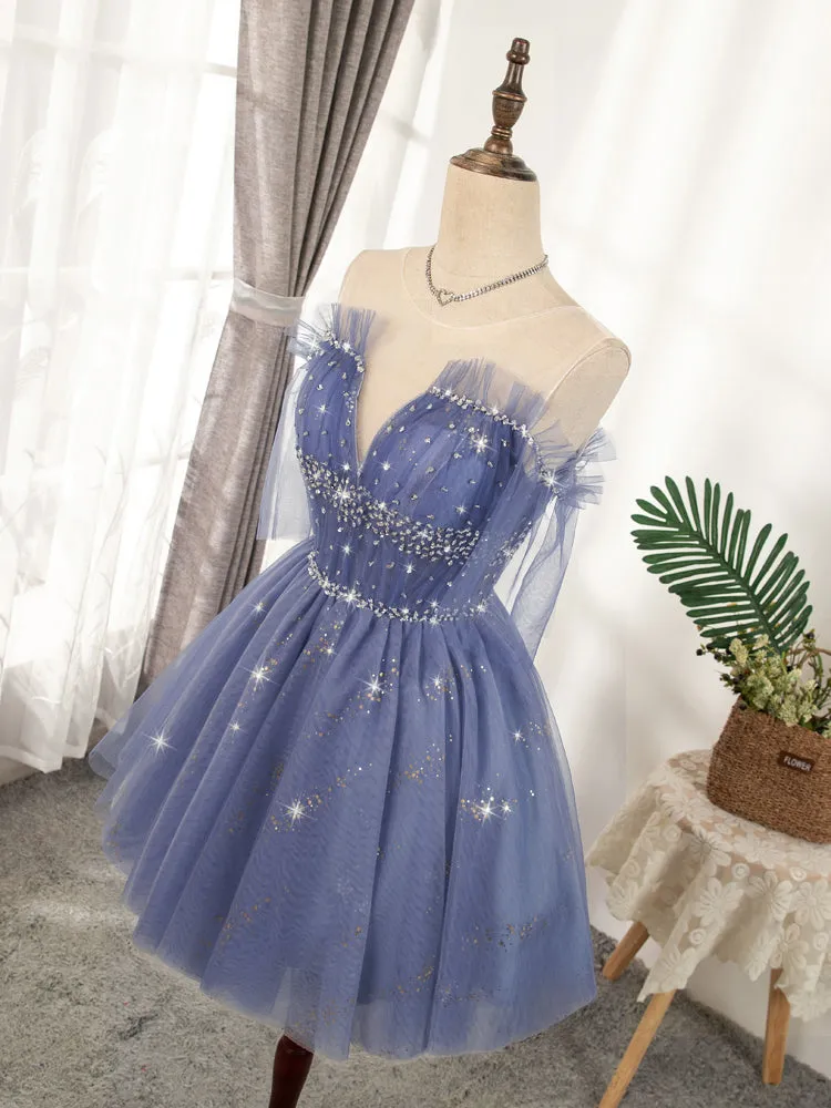 Flowy Cute A-line Blue Homecoming Dresses Short Beading Prom Dress OM918