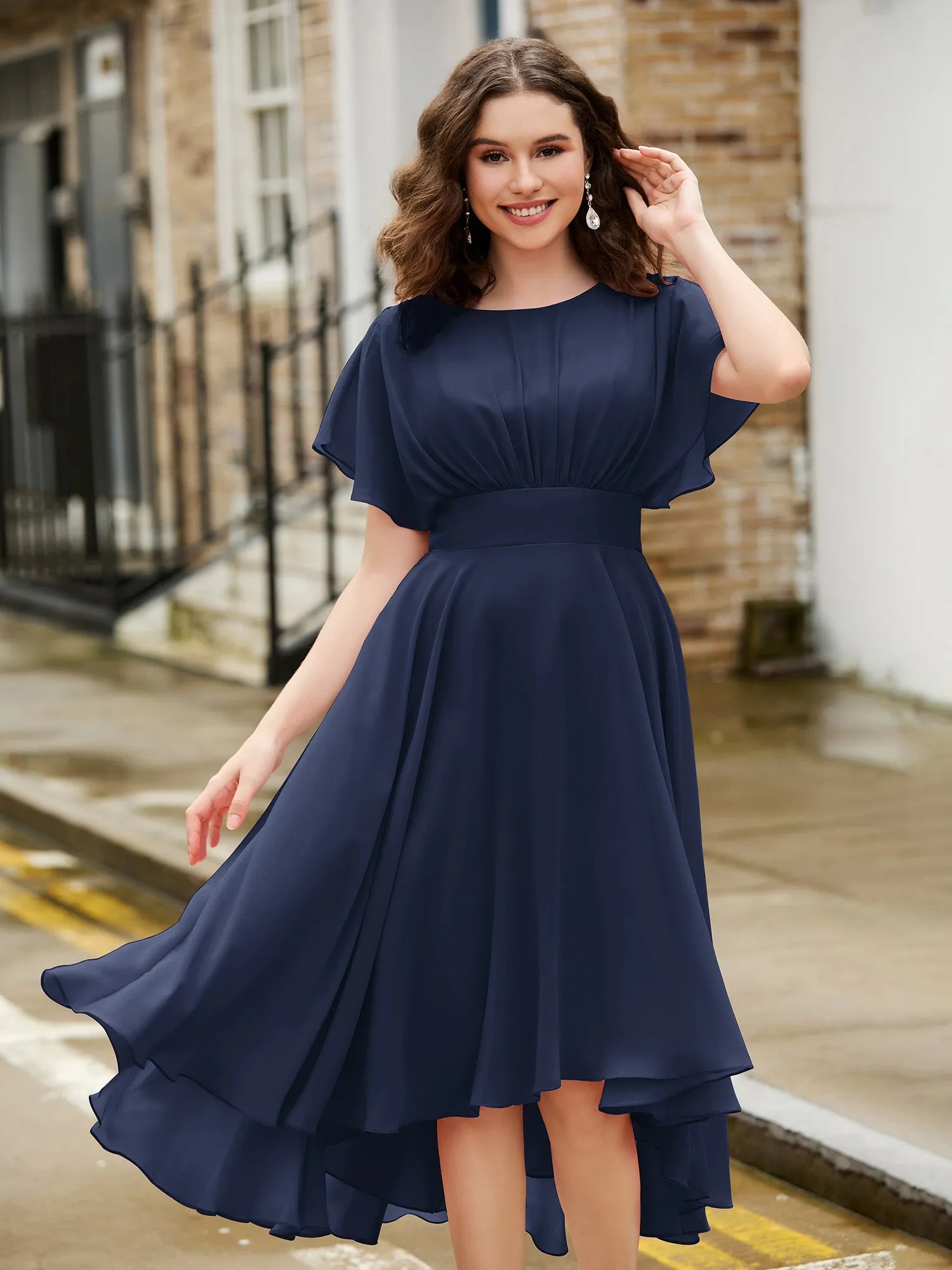 Flutter Sleeves Jewel Neckline Chiffon Dress Dark Navy