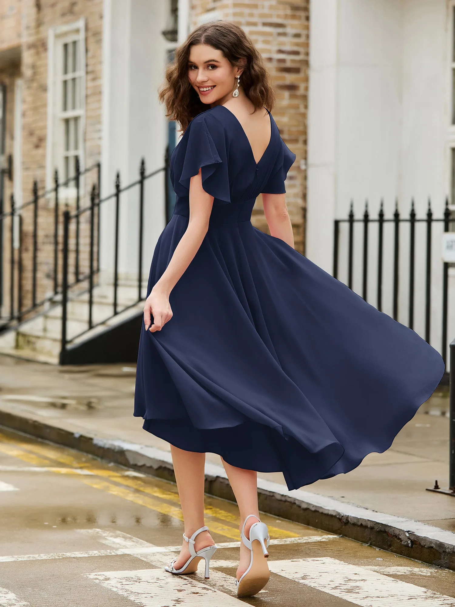 Flutter Sleeves Jewel Neckline Chiffon Dress Dark Navy