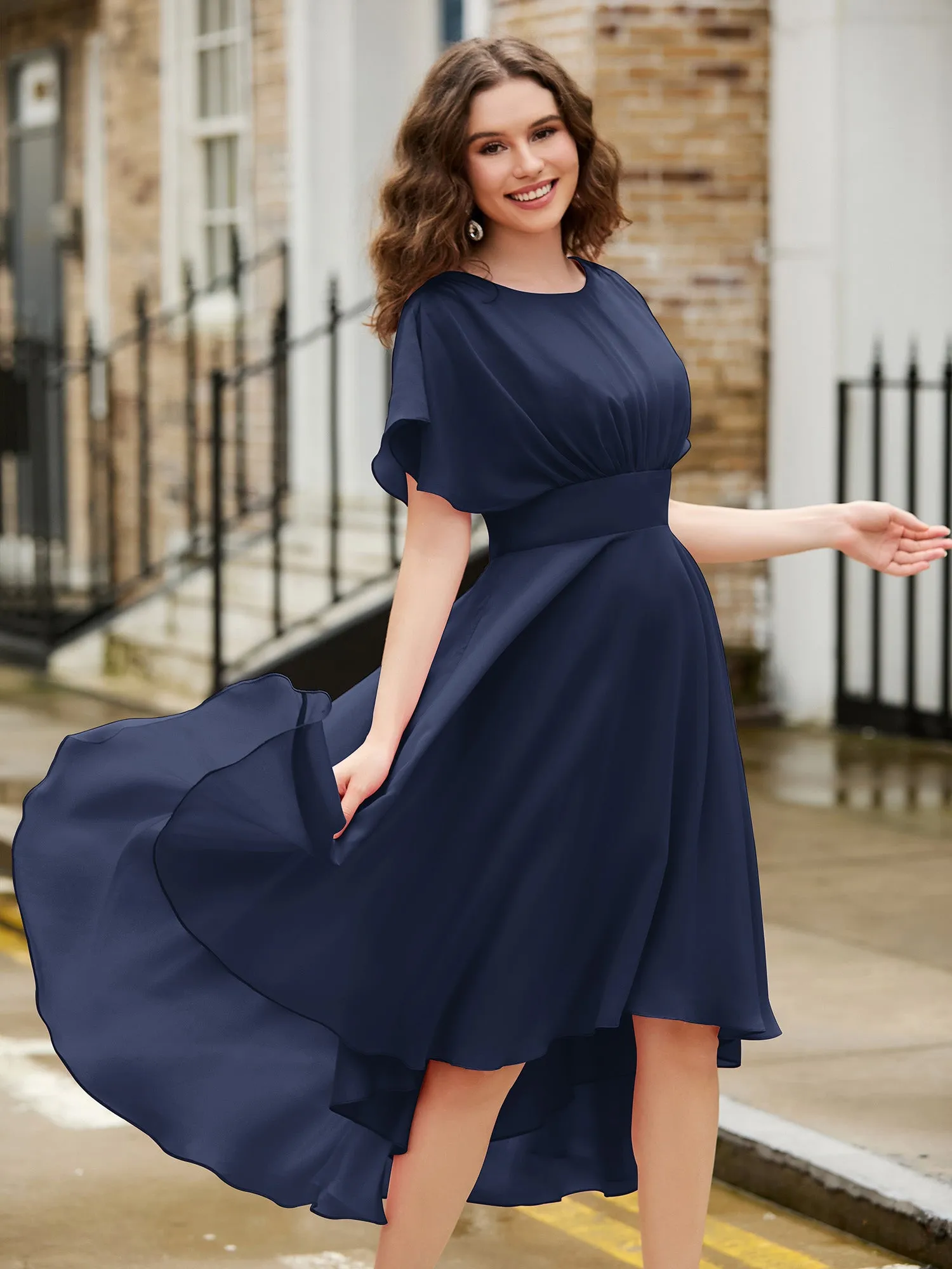 Flutter Sleeves Jewel Neckline Chiffon Dress Dark Navy