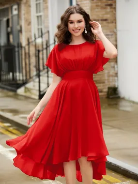 Flutter Sleeves Jewel Neckline Chiffon Dress Red