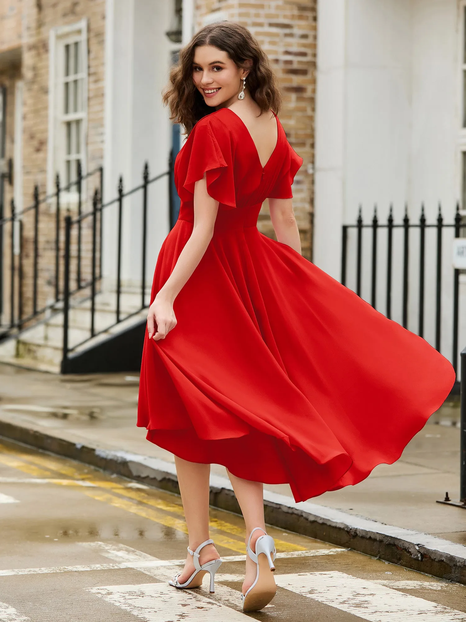 Flutter Sleeves Jewel Neckline Chiffon Dress Red