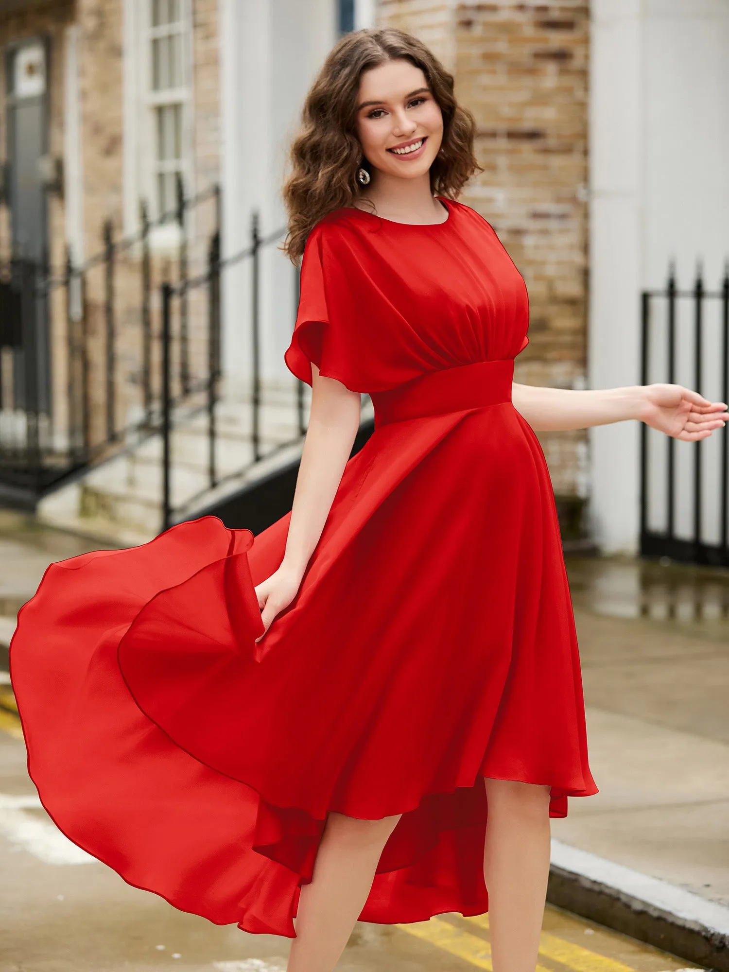 Flutter Sleeves Jewel Neckline Chiffon Dress Red