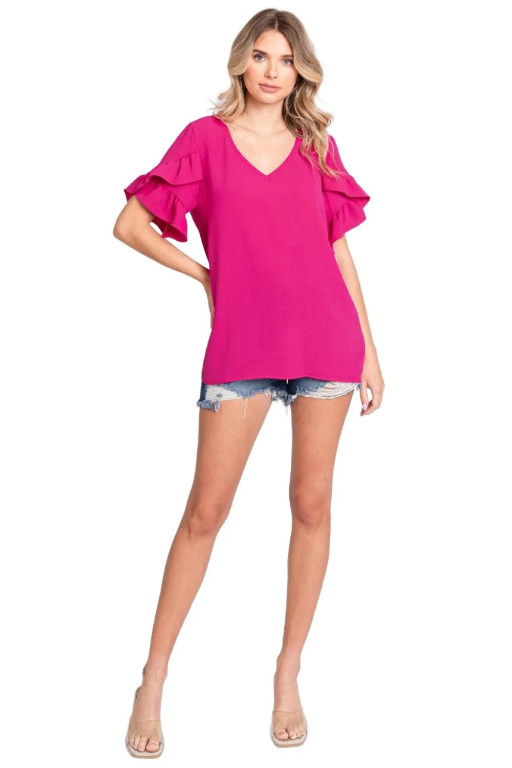 GeeGee V-Neck Ruffle Trim Short Sleeve Blouse