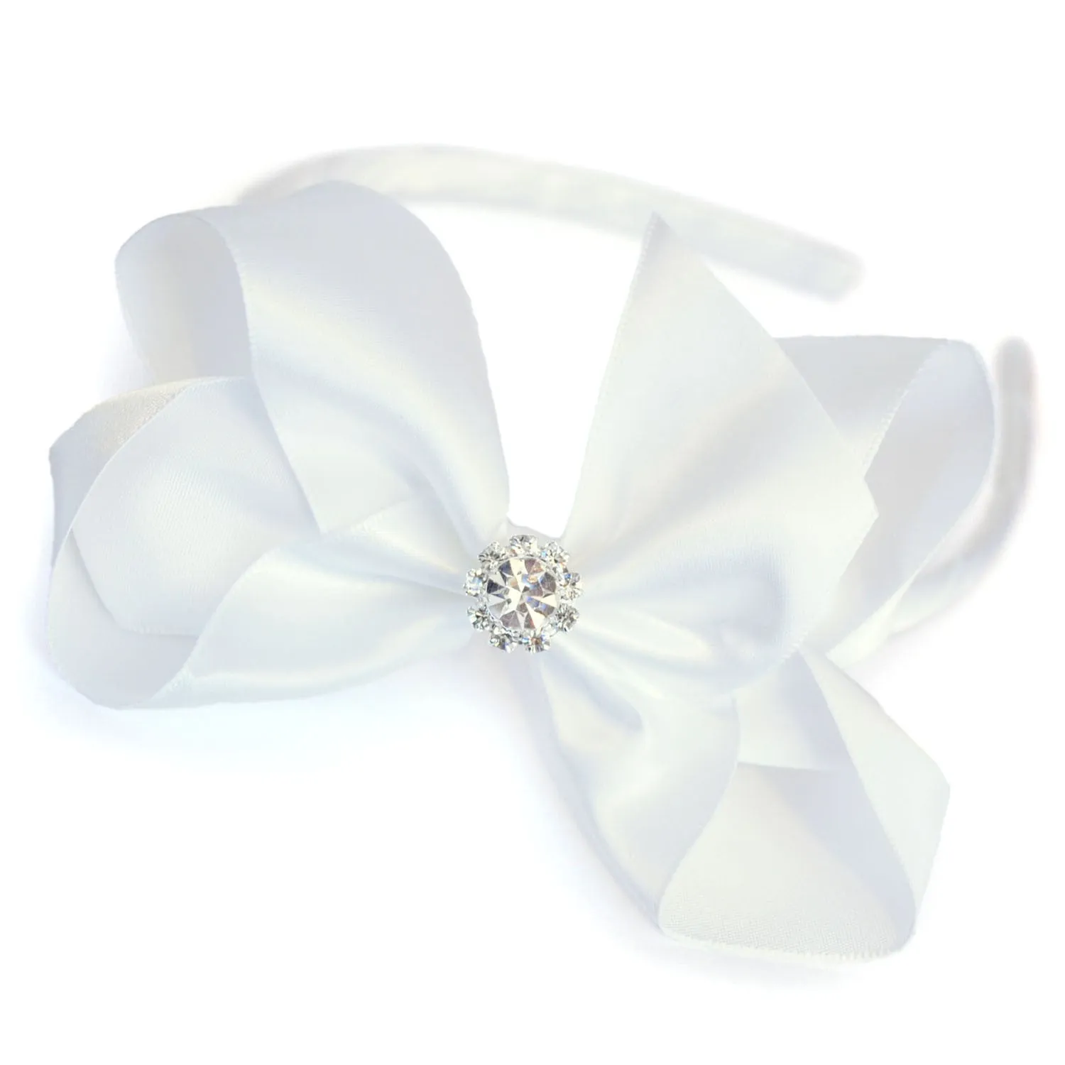 Girls Luxurious Satin Traditional Bow Headband With Diamante Crystal Centre