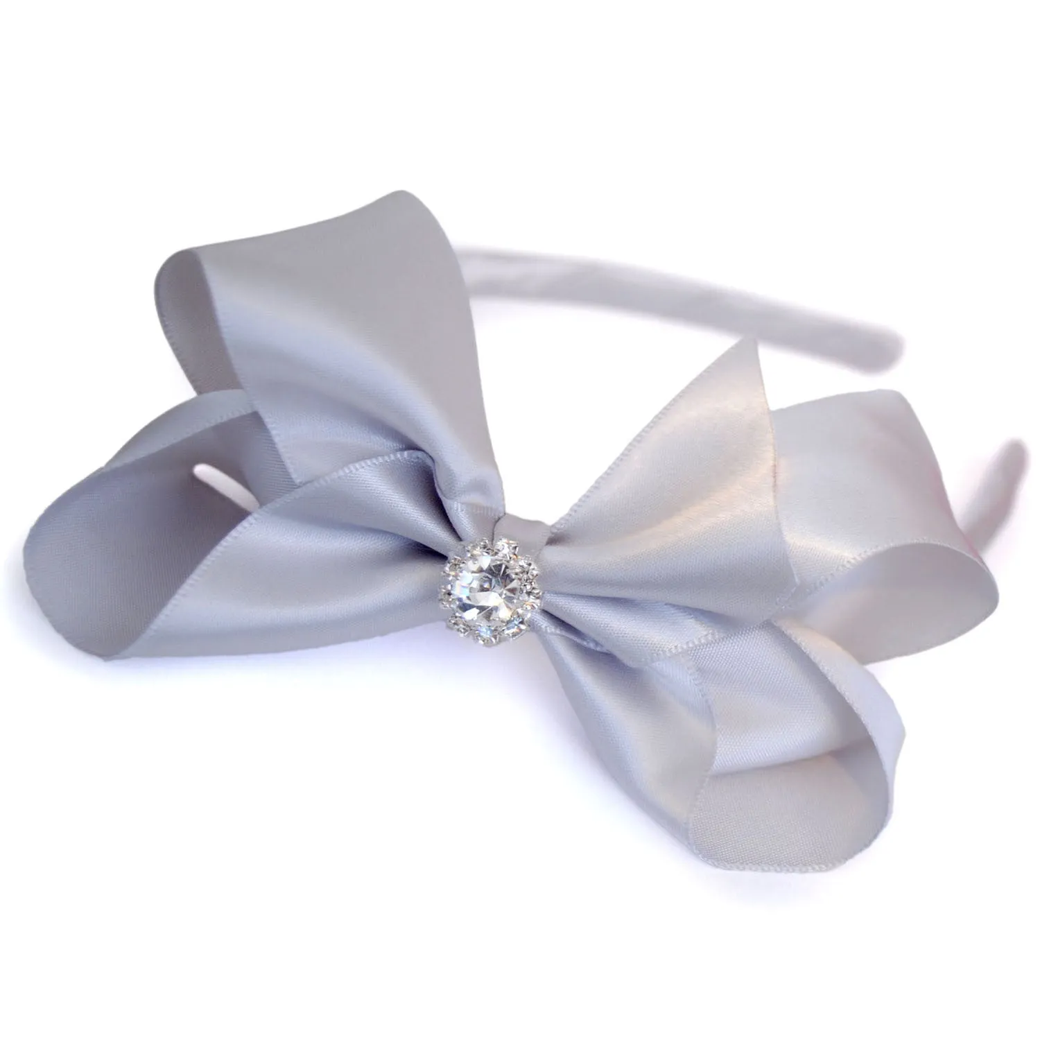 Girls Luxurious Satin Traditional Bow Headband With Diamante Crystal Centre