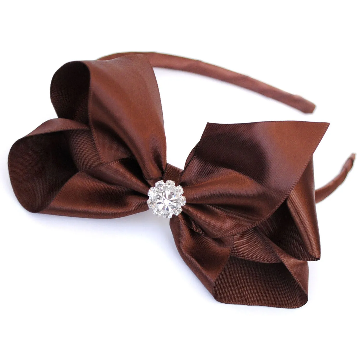 Girls Luxurious Satin Traditional Bow Headband With Diamante Crystal Centre