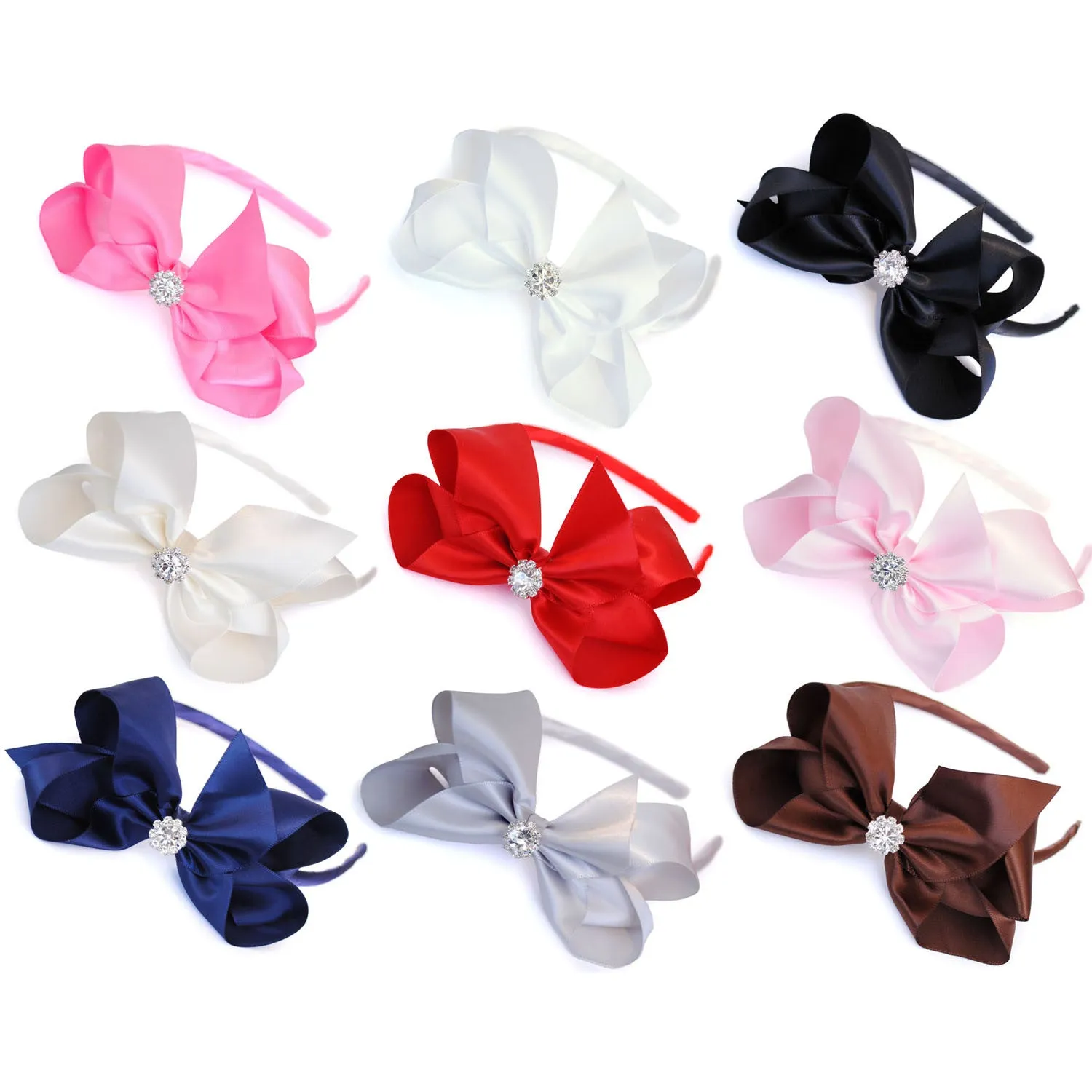 Girls Luxurious Satin Traditional Bow Headband With Diamante Crystal Centre