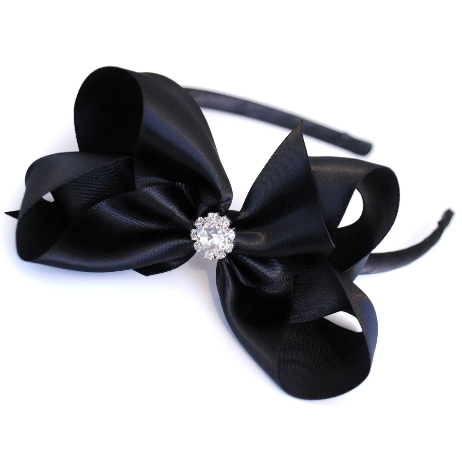 Girls Luxurious Satin Traditional Bow Headband With Diamante Crystal Centre