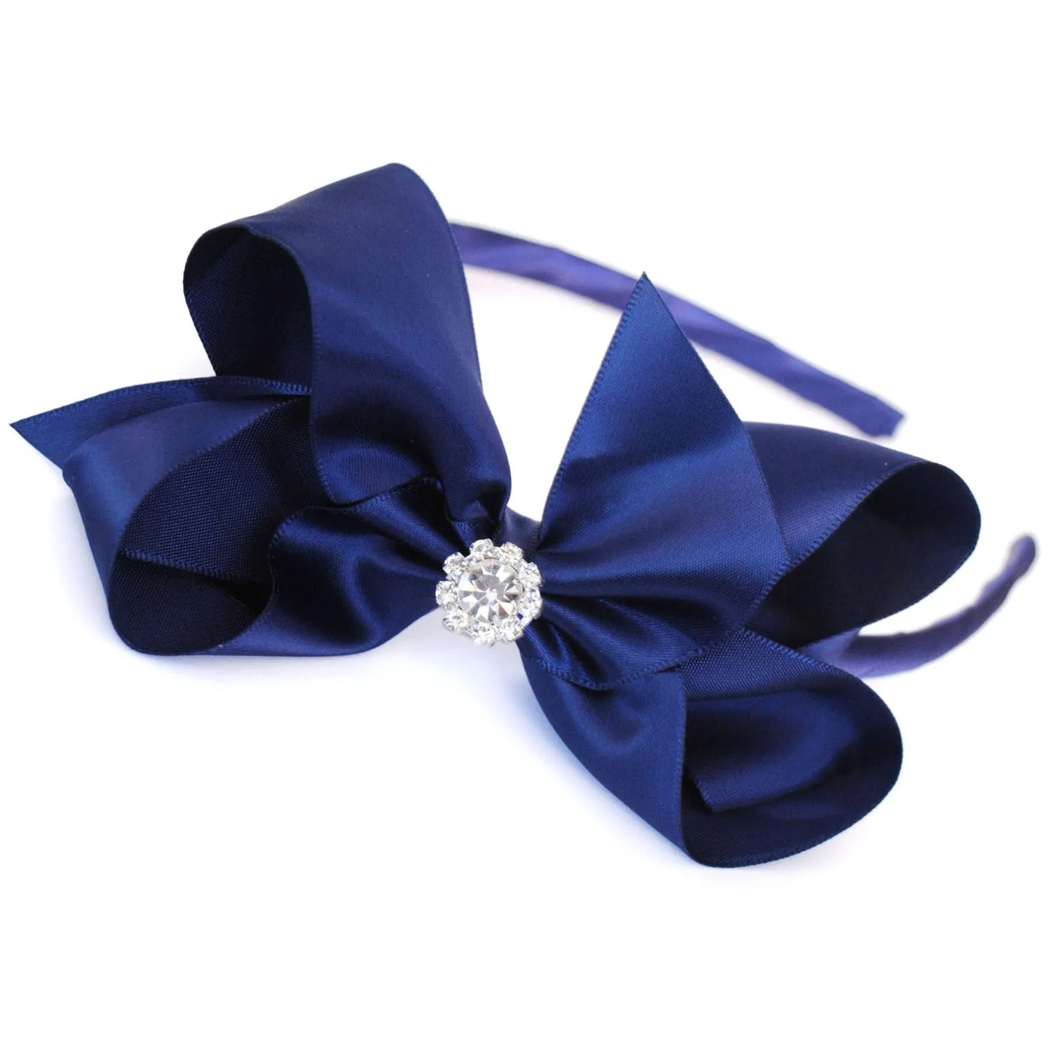 Girls Luxurious Satin Traditional Bow Headband With Diamante Crystal Centre