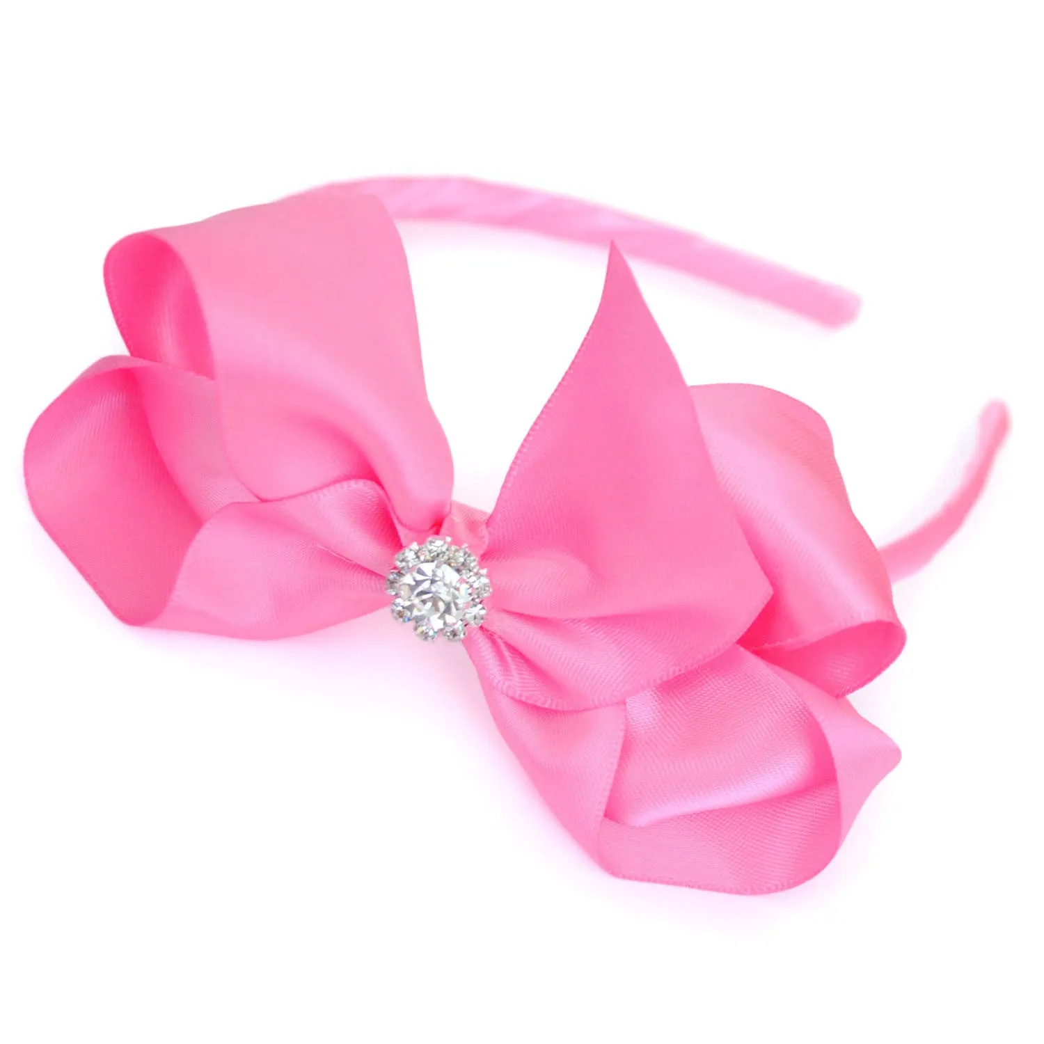 Girls Luxurious Satin Traditional Bow Headband With Diamante Crystal Centre