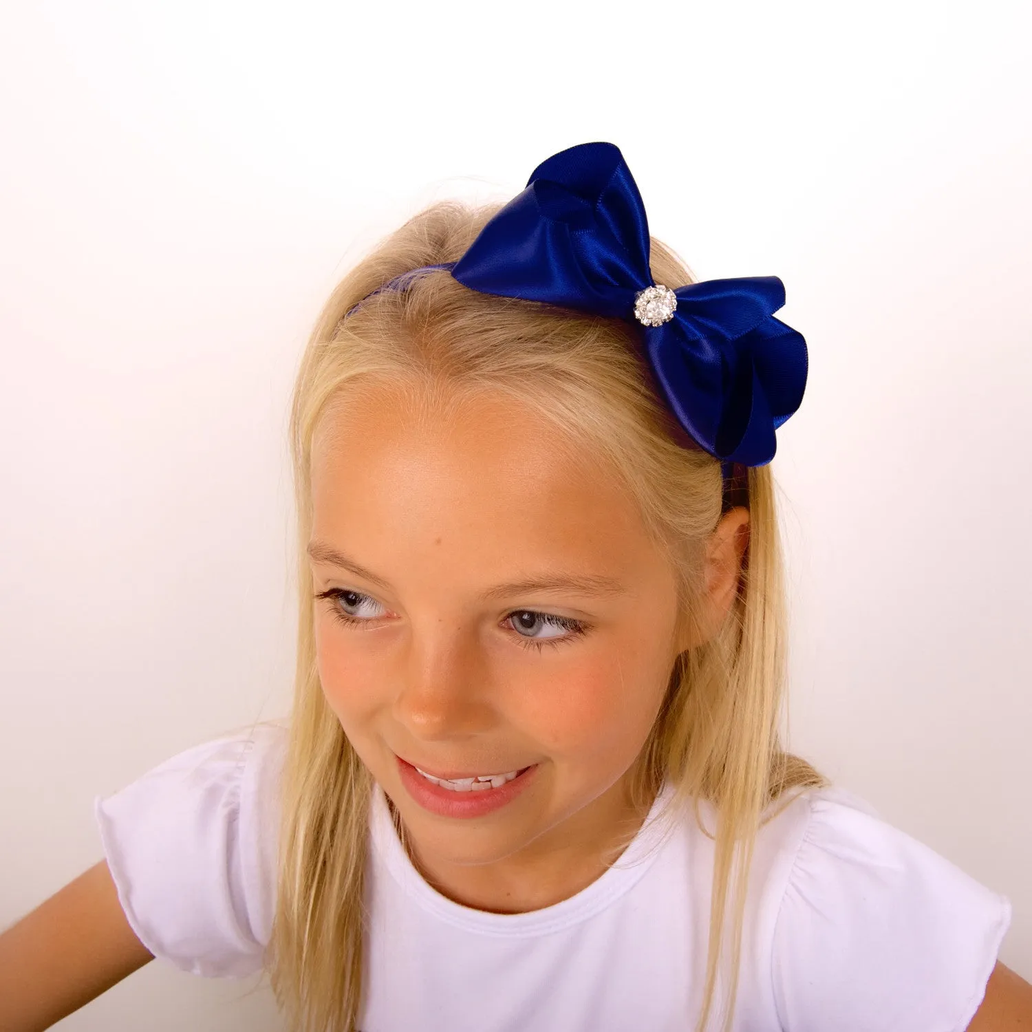 Girls Luxurious Satin Traditional Bow Headband With Diamante Crystal Centre