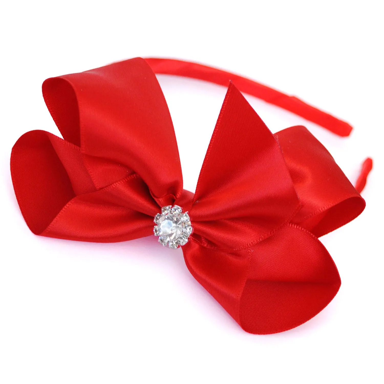 Girls Luxurious Satin Traditional Bow Headband With Diamante Crystal Centre