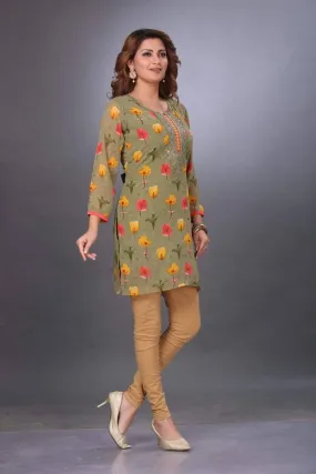 Green Chiffon Flower Print Kurti with Hand Embroidery