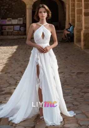 Halter Sleeveless Illusion Chiffon A-Line Beach Wedding Dress