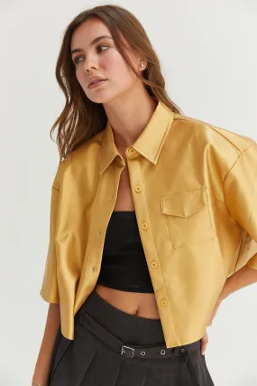 HF24F102-FAUX LEATHER BUTTON-DOWN CROPPED SHIRT