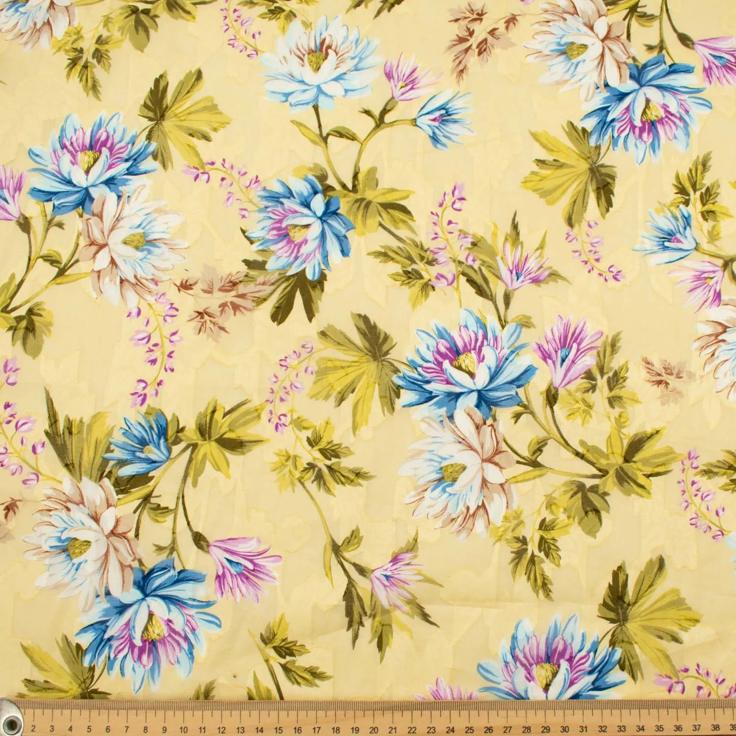 Japanese Pure Cotton Lawn Prints Design-213 Large Blue Flowers on Pale Yellow