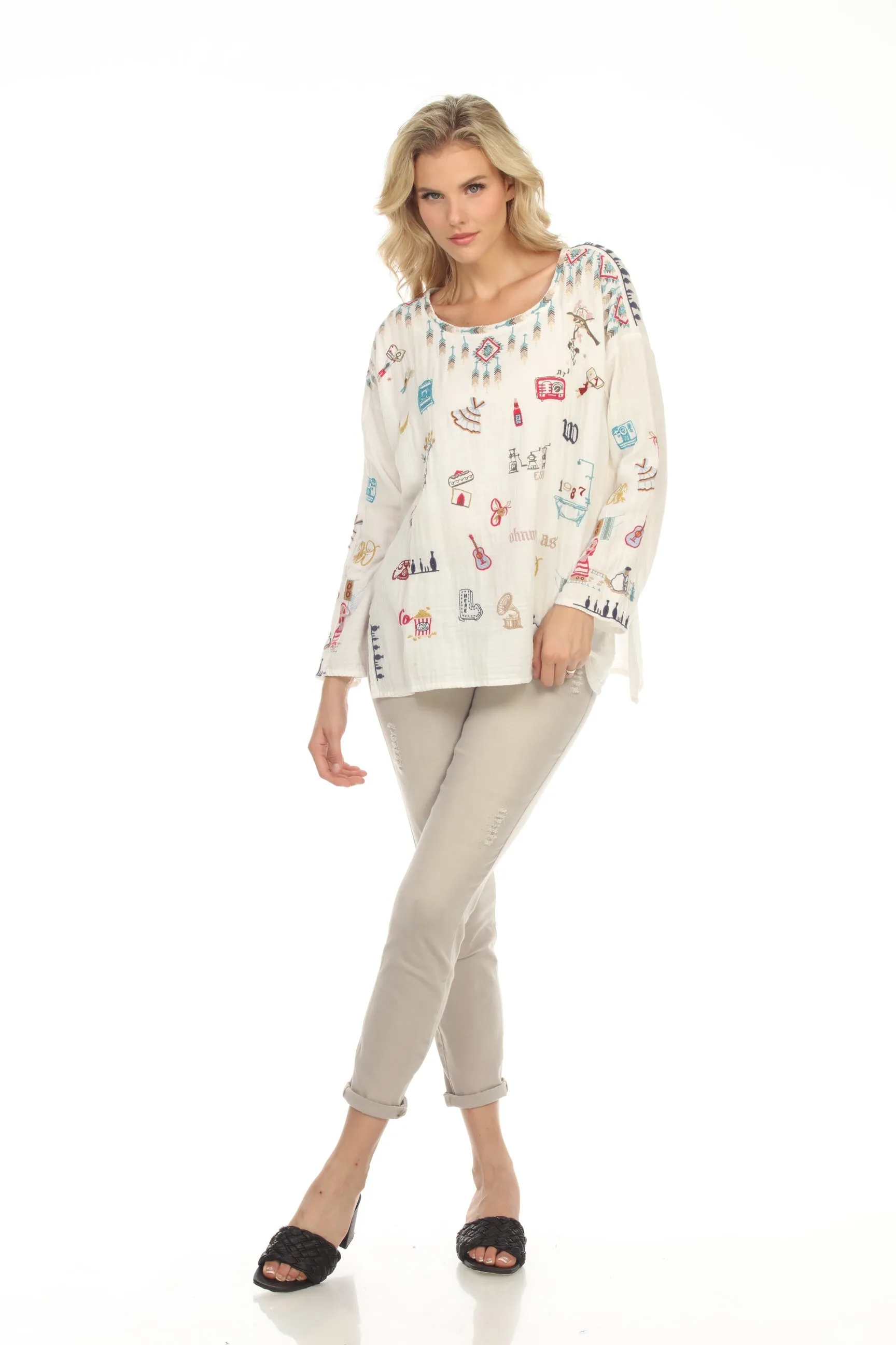 Johnny Was Biya Rondo Embroidered Long Sleeve Blouse Boho Chic B17822