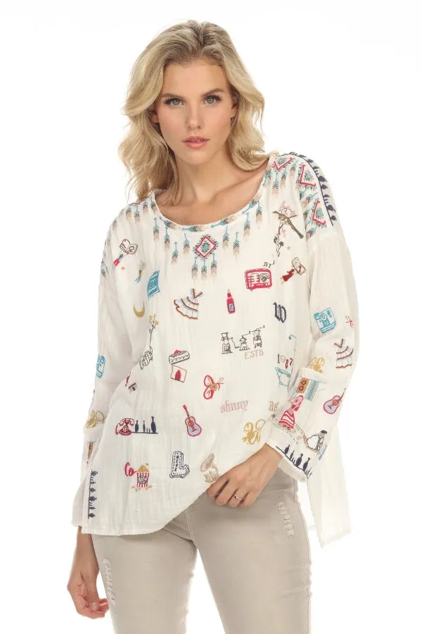 Johnny Was Biya Rondo Embroidered Long Sleeve Blouse Boho Chic B17822