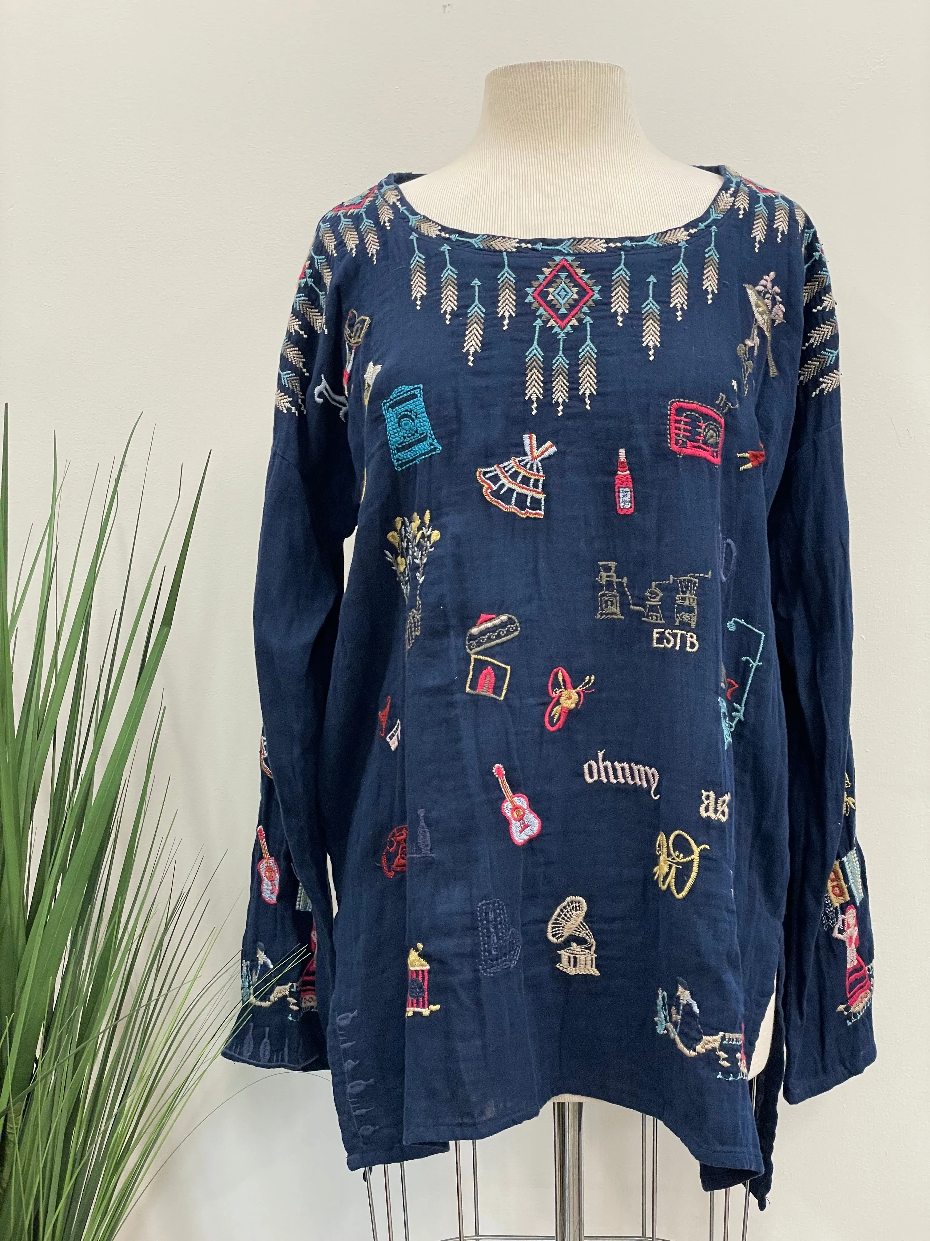 Johnny Was Biya Rondo Embroidered Long Sleeve Blouse Boho Chic B17822