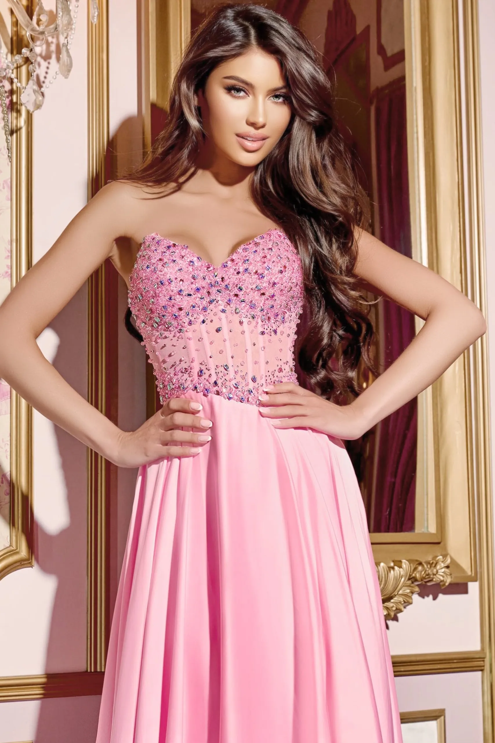 Jovani D6021 Size 00 Pink Sheer Pink Crystal Corset A Line Prom Dress V Neck Slit Formal Gown Chiffon