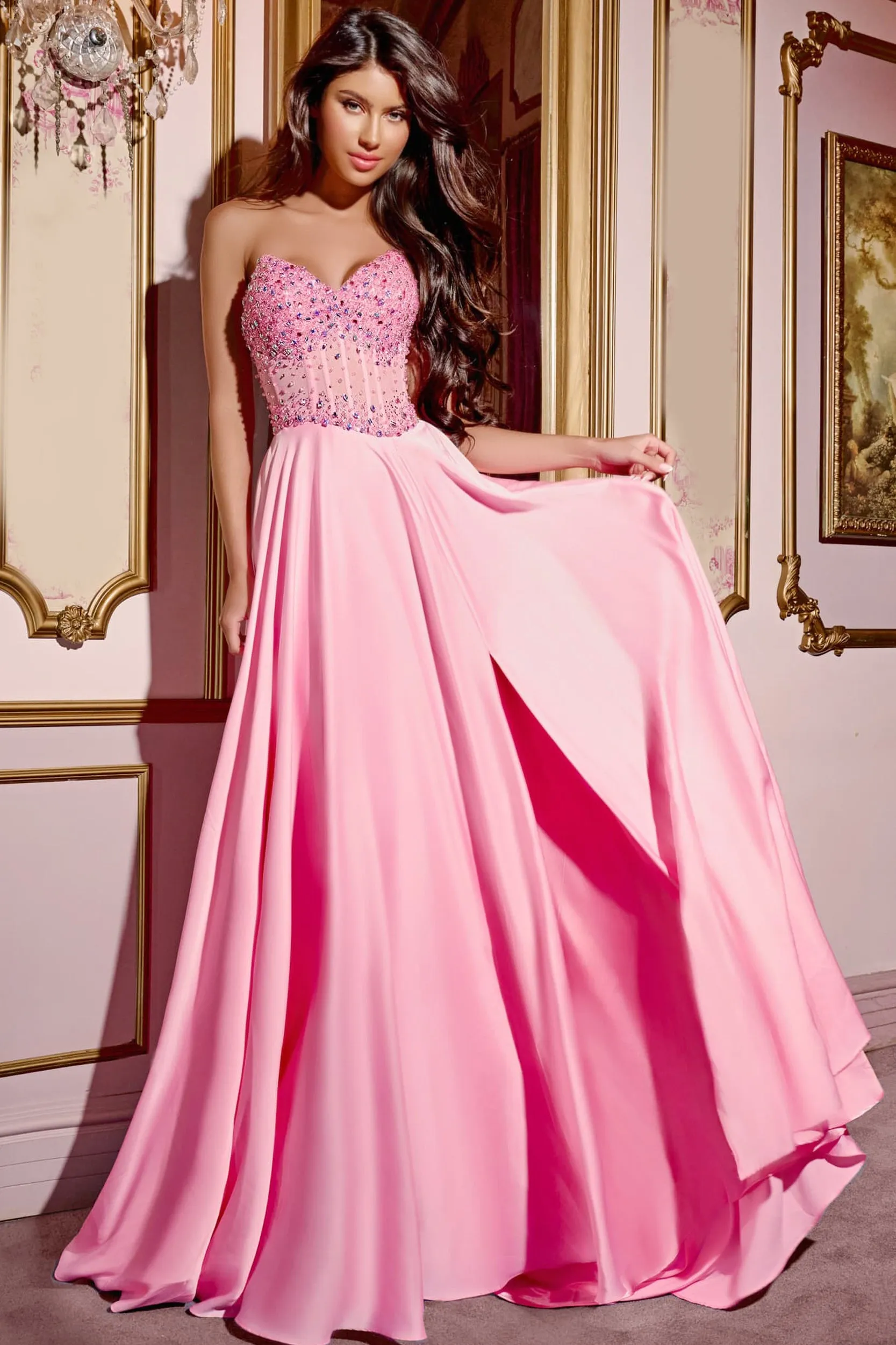 Jovani D6021 Size 00 Pink Sheer Pink Crystal Corset A Line Prom Dress V Neck Slit Formal Gown Chiffon