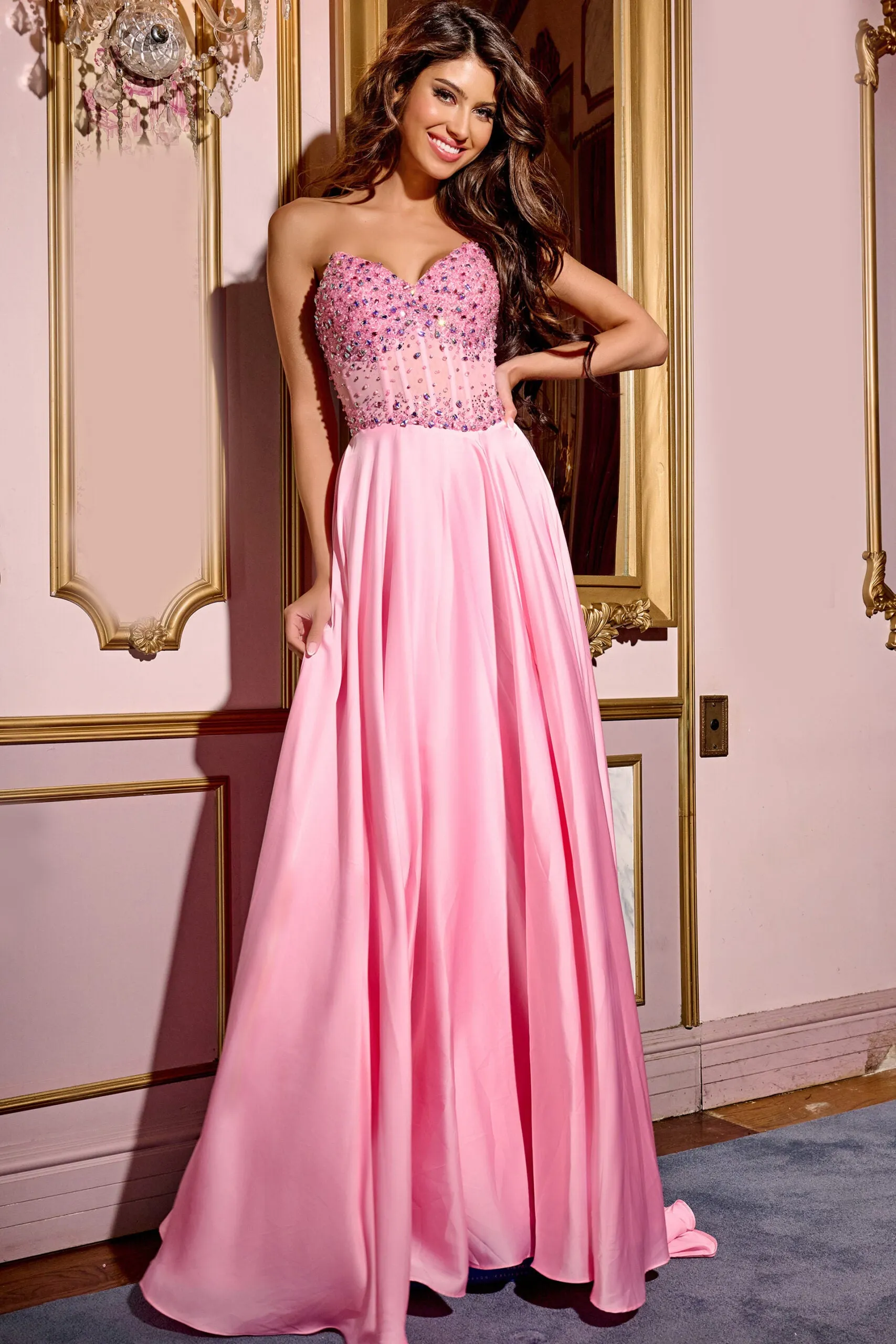 Jovani D6021 Size 00 Pink Sheer Pink Crystal Corset A Line Prom Dress V Neck Slit Formal Gown Chiffon