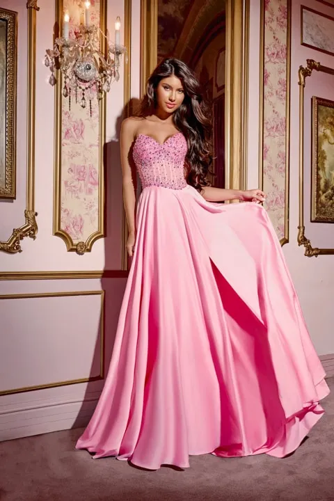 Jovani D6021 Size 00 Pink Sheer Pink Crystal Corset A Line Prom Dress V Neck Slit Formal Gown Chiffon