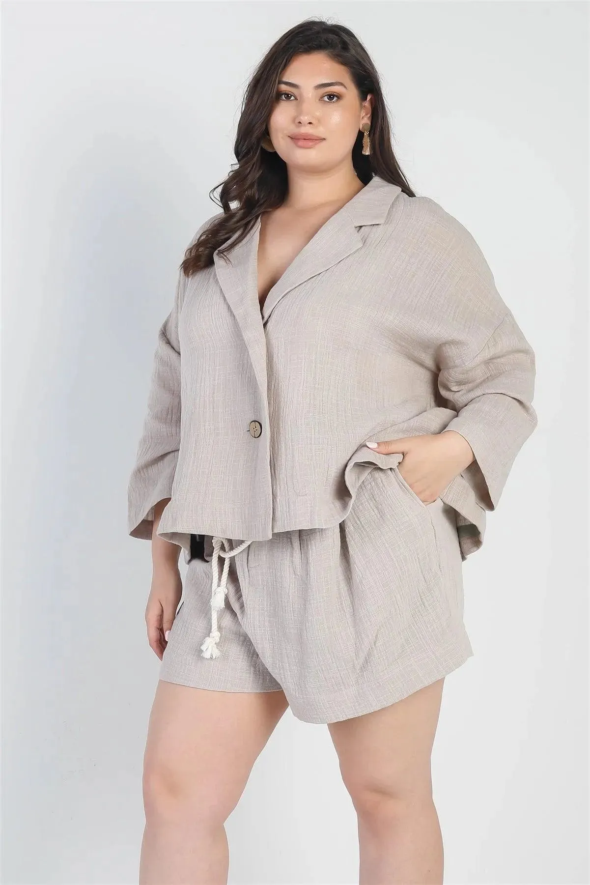 Junior Plus Grey Button-Up Collared Neck Blazer High Waist Shorts Set /3-2-1