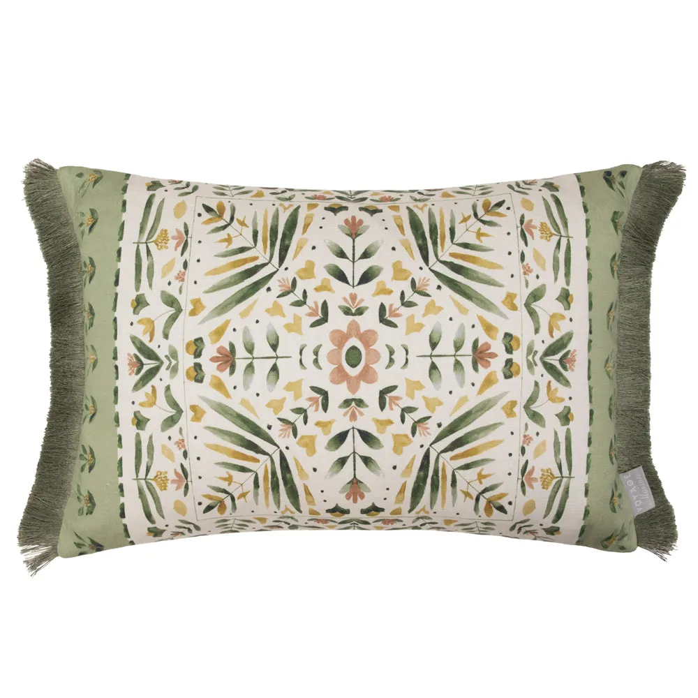 Kari Printed Ruche Fringe Cushion Sage