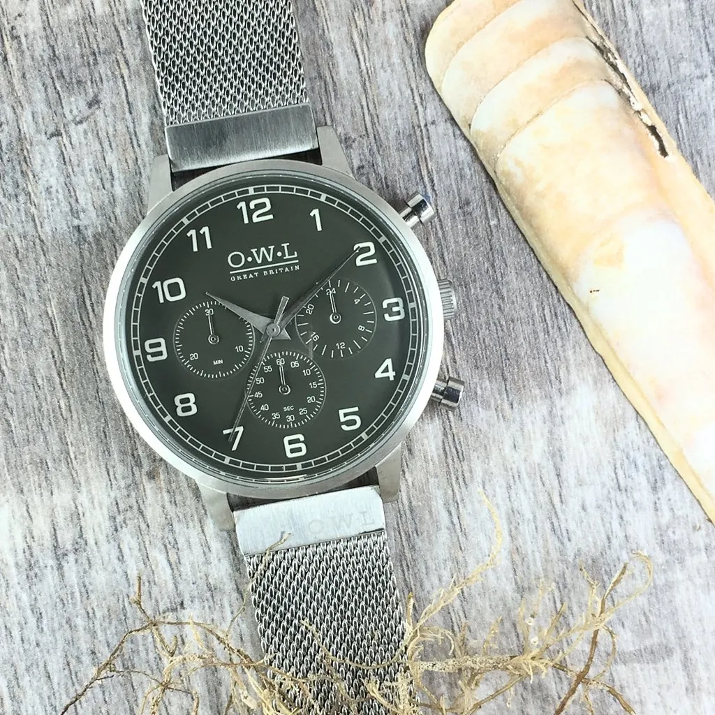 KINGSBRIDGE STEEL CASE, STONE GREY DIAL & STEEL MESH STRAP WATCH