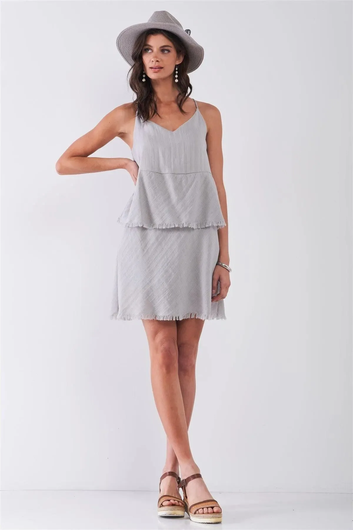 Light-Grey Sleeveless V-Neck Layered Raw Hem Mini Dress /1-2-2-1