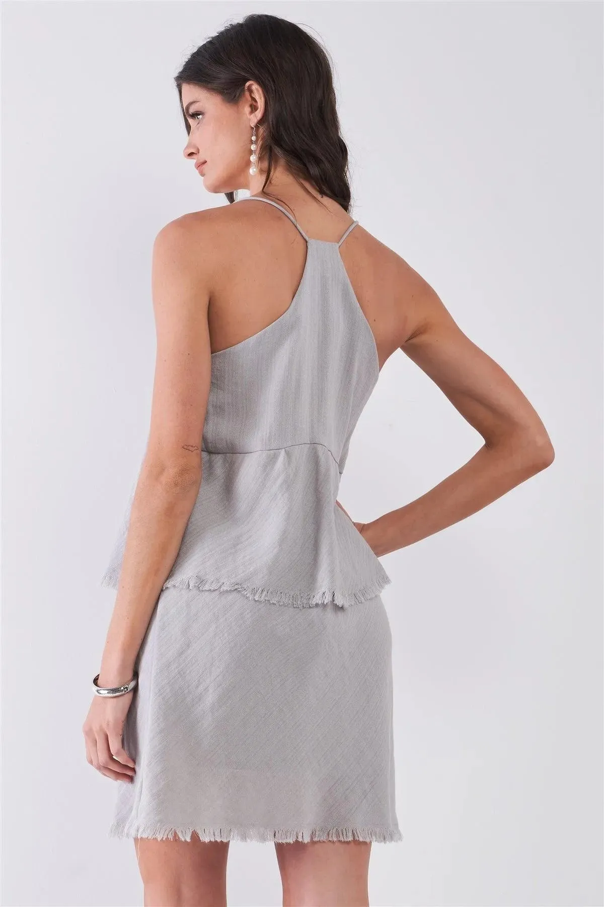 Light-Grey Sleeveless V-Neck Layered Raw Hem Mini Dress /1-2-2-1