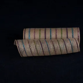 Natural Burlap Christmas Deco Mesh with Purple Pink Turquoise Metallic Stripes ( 10 Inch x 10 Yards )