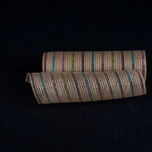 Natural Burlap Christmas Deco Mesh with Purple Pink Turquoise Metallic Stripes ( 10 Inch x 10 Yards )