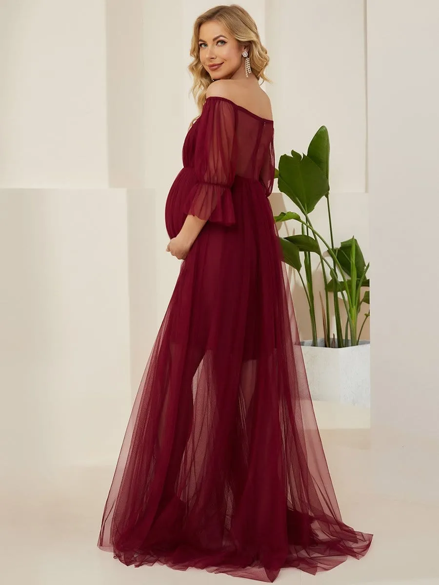 Off the Shoulder Pleated Tulle Maxi Maternity Wedding Guest Dress