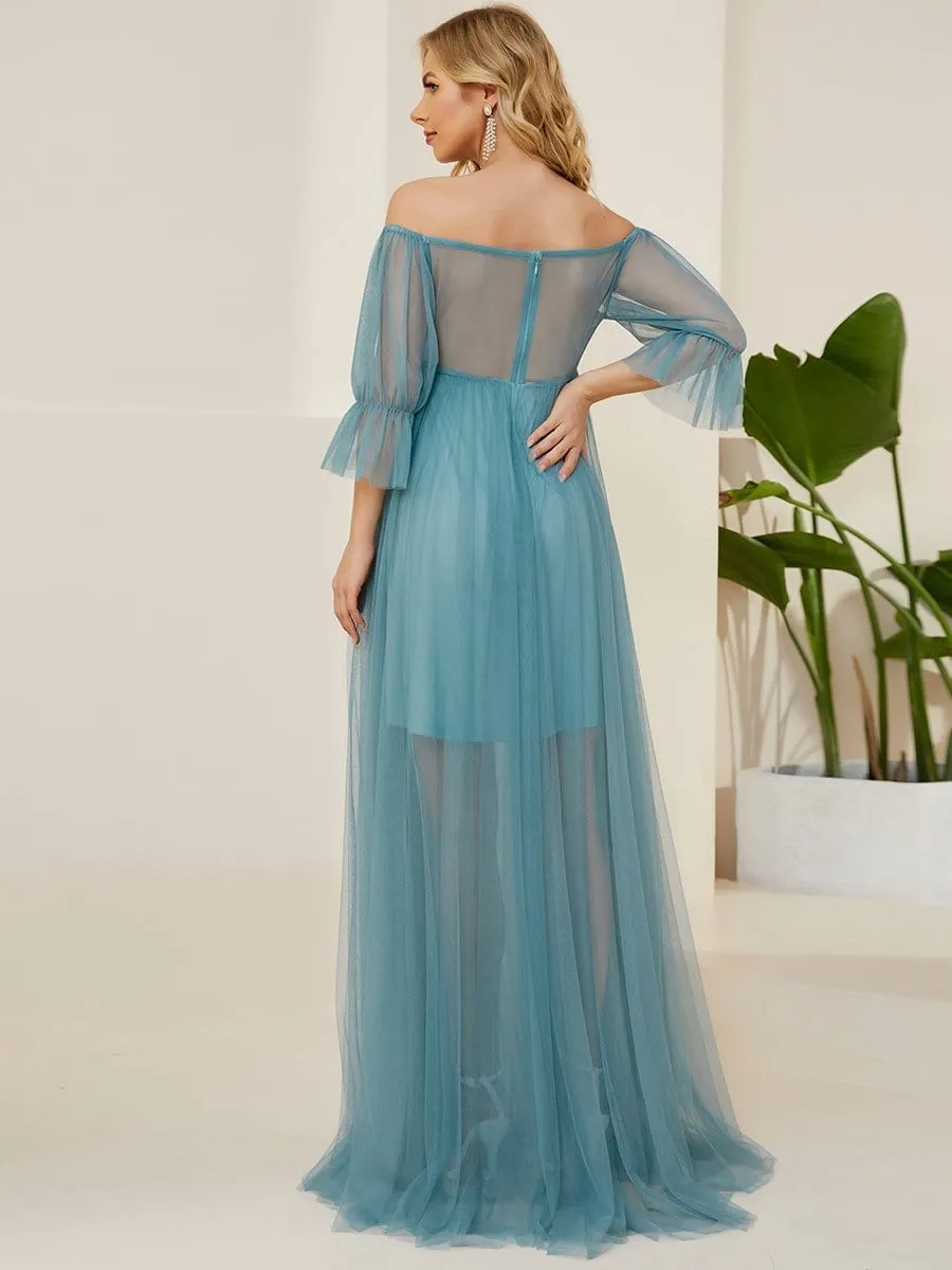 Off the Shoulder Pleated Tulle Maxi Maternity Wedding Guest Dress